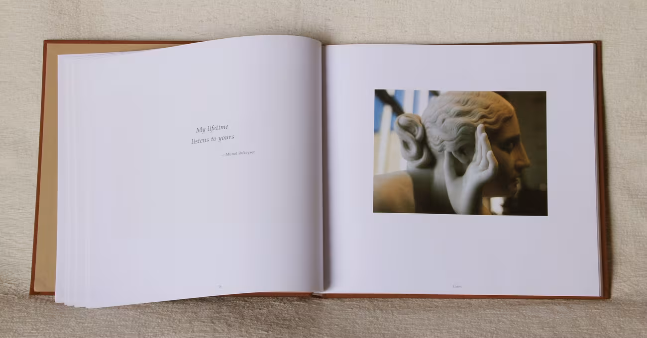 A Turning Point spread — listening sculpture, facing Muriel Rukeyser