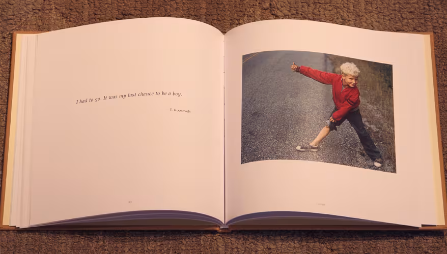 Follow Your Desire spread — child leaping in a red coat