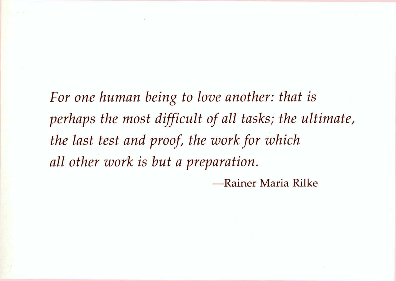 White Calalily card interior — Rainer Maria Rilke passage